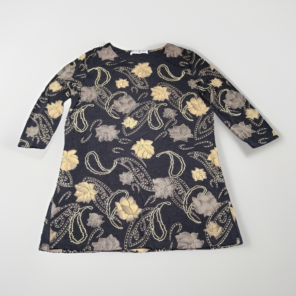 Dress Barn Womens Black Gold‎ Silver Floral Paisley 3/4 Sleeve Crew Neck